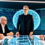 A diverse group of professional individuals, including legal experts and tech innovators, gathered in a futuristic, high-tech meeting room. They are engaged in an intense discussion around a holographic table displaying intricate blockchain data, abstract metaverse landscapes, and complex legal documents. All individuals are fully clothed in modest, professional business attire, appearing focused and collaborative. The setting emphasizes the complexities of digital ownership and jurisdictional challenges. Perfect anatomy, correct proportions, natural pose, well-formed hands, proper finger count, professional photography, high detail, volumetric lighting, safe for work, appropriate content, fully clothed, professional.