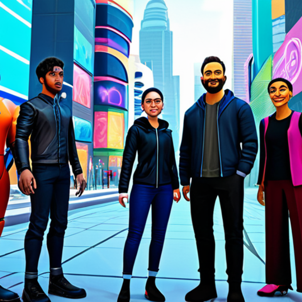 Metaverse Identity Exploration**
"A diverse group of fully clothed avatars interacting in a vibrant virtual world, showcasing a range of styles and expressions. Background features futuristic cityscapes and fantasy elements. Safe for work, appropriate content, family-friendly, digital art, perfect anatomy, diverse body types, fully clothed in creative and modest outfits, natural lighting, high resolution."
**