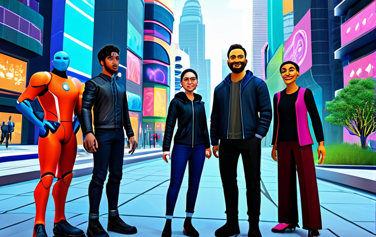 Metaverse Identity Exploration**
"A diverse group of fully clothed avatars interacting in a vibrant virtual world, showcasing a range of styles and expressions. Background features futuristic cityscapes and fantasy elements. Safe for work, appropriate content, family-friendly, digital art, perfect anatomy, diverse body types, fully clothed in creative and modest outfits, natural lighting, high resolution."
**