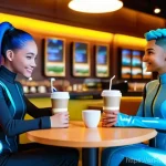 Home 17 가상 현실 내 사회적 상호작용의 진화 - **Prompt:** A vibrant, futuristic virtual cafe scene where two diverse young adult avatars are deepl...
