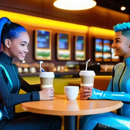 Home 29 가상 현실 내 사회적 상호작용의 진화 - **Prompt:** A vibrant, futuristic virtual cafe scene where two diverse young adult avatars are deepl...