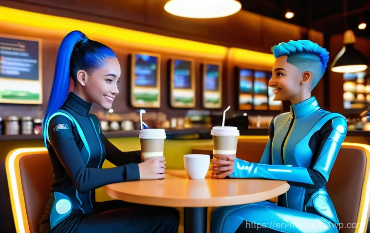 가상 현실 내 사회적 상호작용의 진화 - **Prompt:** A vibrant, futuristic virtual cafe scene where two diverse young adult avatars are deepl...