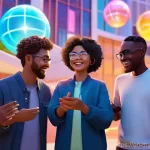Home 16 메타버스 내 심리적 안전과 사회적 안정 - **Vibrant Metaverse Community Gathering:** A diverse group of friendly metaverse avatars, all fully ...