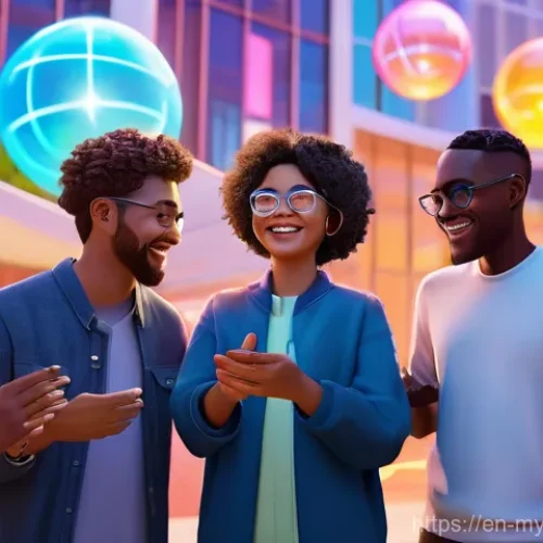 Home 28 메타버스 내 심리적 안전과 사회적 안정 - **Vibrant Metaverse Community Gathering:** A diverse group of friendly metaverse avatars, all fully ...