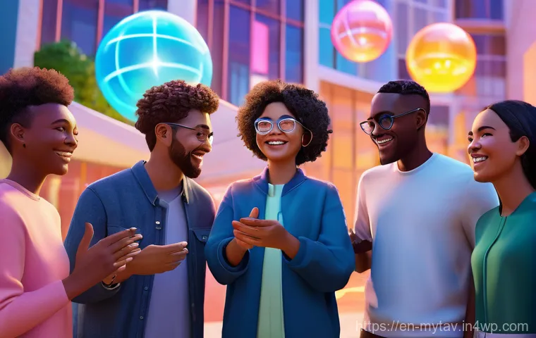 메타버스 내 심리적 안전과 사회적 안정 - **Vibrant Metaverse Community Gathering:** A diverse group of friendly metaverse avatars, all fully ...