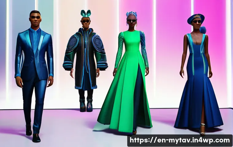메타버스에서의 정체성 정치 - **A bustling, futuristic digital fashion marketplace where a diverse group of highly customized avat...