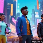 Home 19 메타버스에서의 정체성 탐구 - A diverse group of avatars standing together in a futuristic virtual cityscape, showcasing a wide ra...