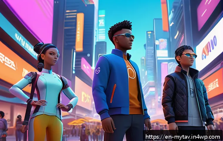 메타버스에서의 정체성 탐구 - A diverse group of avatars standing together in a futuristic virtual cityscape, showcasing a wide ra...